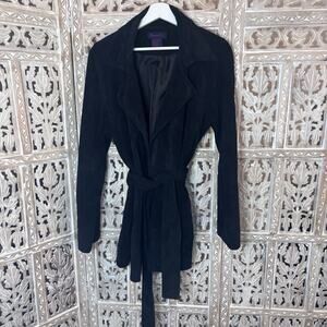 DENIM & CO Jacket Womens Suede Leather Blazer Trench Coat Tie Front Open Black L